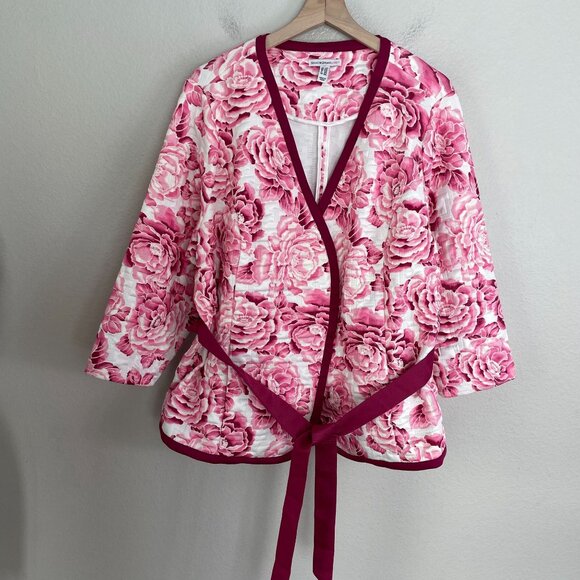 Isaac Mizrahi Live! Womens Plus 2X Floral Quilted Kimono Jacket Pink White - Picture 8 of 13